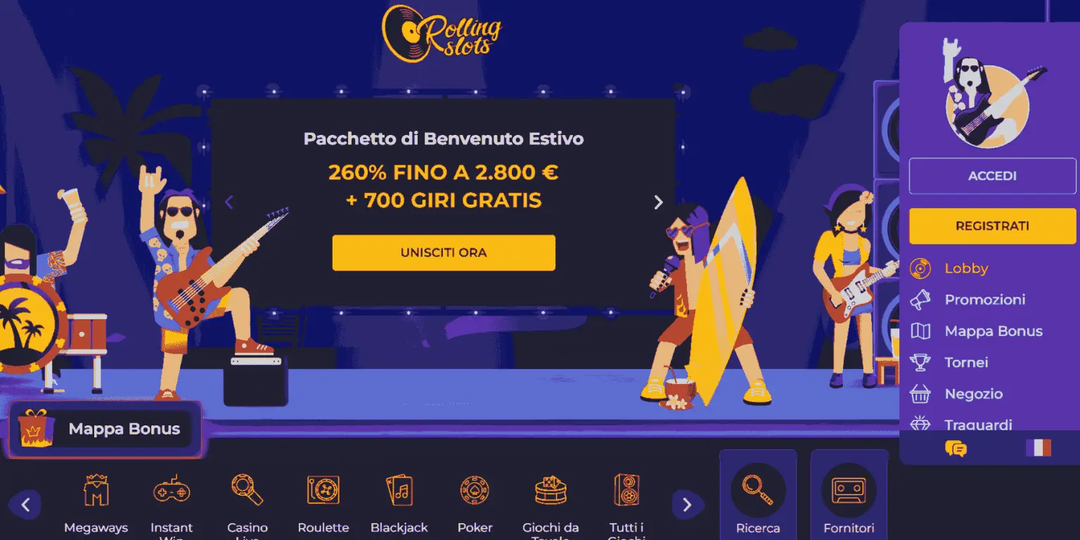 Screenshot homepage Rolling Slots casino non AAMS